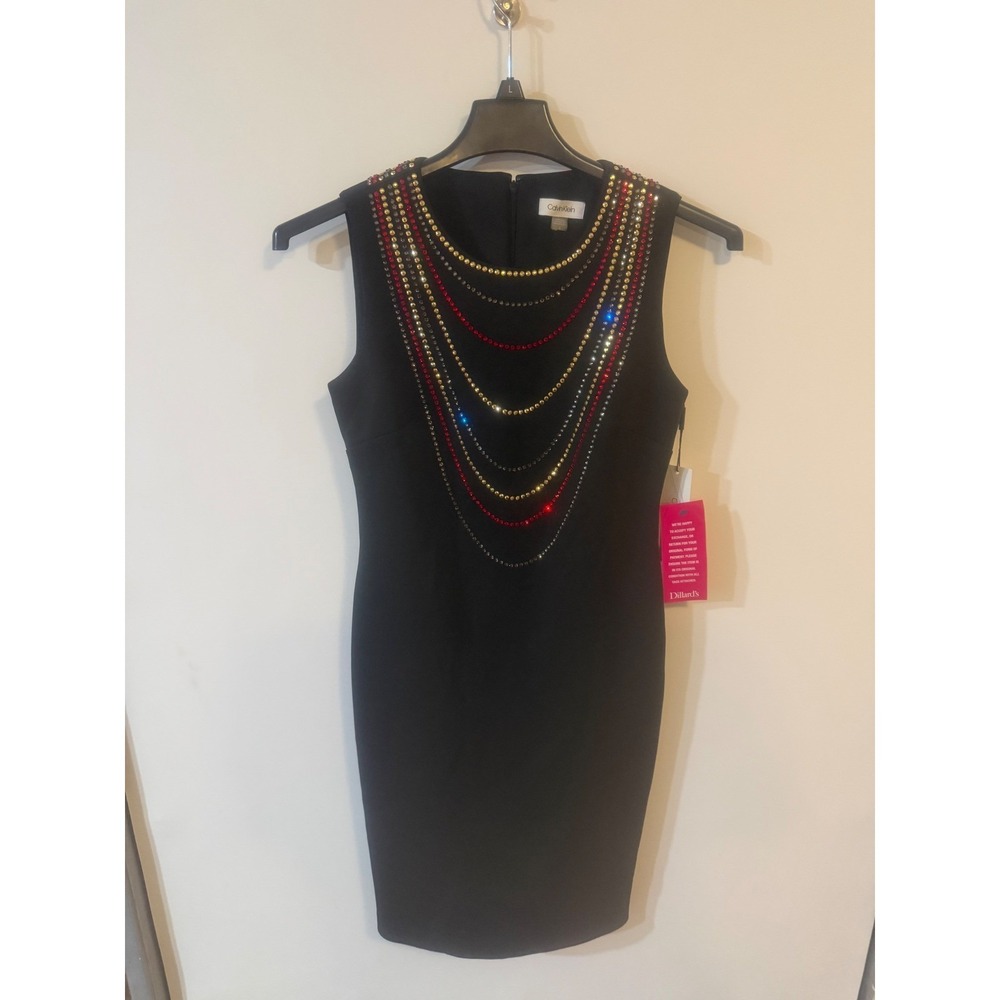 Calvin Klein Black Beaded Neckline Sheath Dress Size‎ 6 NWT Studded Cocktail